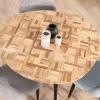 Petite table de repas 3 pieds crayon en métal plateau teck marqueterie "Foster" 110cm