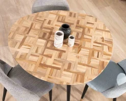 Petite table de repas 3 pieds crayon en métal plateau teck marqueterie "Foster" 110cm