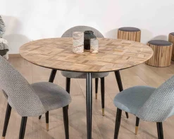 Petite table de repas 3 pieds crayon en métal plateau teck marqueterie "Foster" 110cm