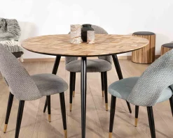 Petite table de repas 3 pieds crayon en métal plateau teck marqueterie 