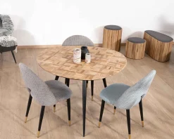 Petite table de repas 3 pieds crayon en métal plateau teck marqueterie 