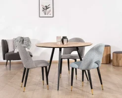Petite table de repas 3 pieds crayon en métal plateau teck marqueterie 
