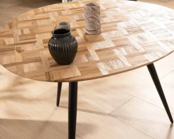 Petite table de repas 3 pieds crayon en métal plateau teck marqueterie 