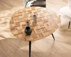 Petite table de repas 3 pieds crayon en métal plateau teck marqueterie 