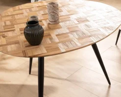 Petite table de repas 3 pieds crayon en métal plateau teck marqueterie 