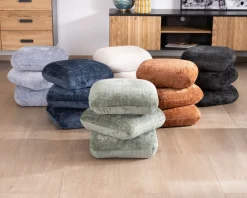 Pouf pivotant « Flow » style contemporain en tissu tramé écru à reflets soyeux