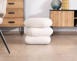 Pouf pivotant « Flow » style contemporain en tissu tramé écru à reflets soyeux