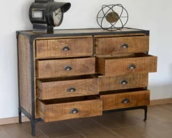 Rangements à tiroirs en bois et métal style commode d’antiquaire 