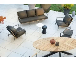 Salon de jardin 3 pièces en aluminium, teck et tissu spécial extérieur gris foncé 
