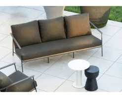 Salon de jardin 3 pièces en aluminium, teck et tissu spécial extérieur gris foncé 