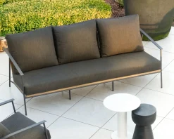 Salon de jardin 3 pièces en aluminium, teck et tissu spécial extérieur gris foncé 