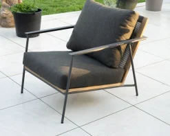 Salon de jardin 3 pièces en aluminium, teck et tissu spécial extérieur gris foncé 
