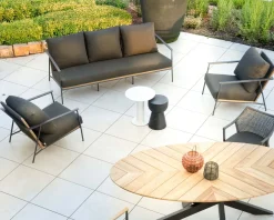 Salon de jardin 3 pièces en aluminium, teck et tissu spécial extérieur gris foncé 