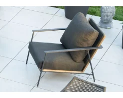 Salon de jardin 3 pièces en aluminium, teck et tissu spécial extérieur gris foncé 