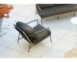 Salon de jardin 3 pièces en aluminium, teck et tissu spécial extérieur gris foncé 