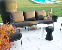 Salon de jardin 3 pièces en aluminium, teck et tissu spécial extérieur gris foncé 
