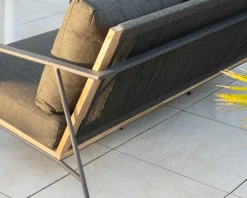 Salon de jardin 3 pièces en aluminium, teck et tissu spécial extérieur gris foncé 