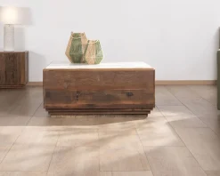 Table basse carrée 100 cm en bois recyclé et plateau marbre blanc "Mood"