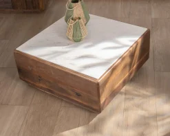 Table basse carrée 100 cm en bois recyclé et plateau marbre blanc 