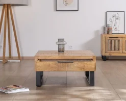 Table basse carrée 80 cm en manguier et pieds métal "Manoha" avec grand tiroir