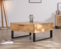 Table basse carrée 80 cm en manguier et pieds métal 