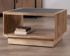 Table basse carrée avec plateau en placage pierre et structure bois ajourée "Pikto"