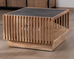 Table basse carrée avec plateau en placage pierre et structure bois ajourée 