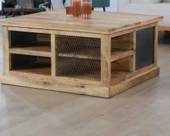 Table basse carrée avec rangements en métal et bois "Caractère"