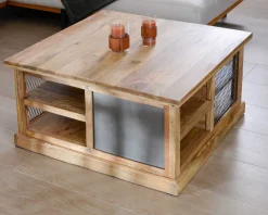 Table basse carrée avec rangements en métal et bois "Caractère"