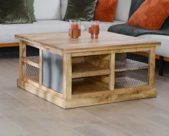 Table basse carrée avec rangements en métal et bois 