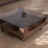 Table basse carrée design vintage en manguier avec plateau verre "Slody"