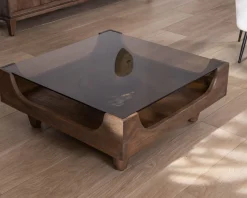 Table basse carrée design vintage en manguier avec plateau verre "Slody"