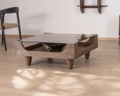 Table basse carrée design vintage en manguier avec plateau verre "Slody"