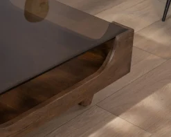 Table basse carrée design vintage en manguier avec plateau verre 