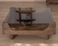 Table basse carrée design vintage en manguier avec plateau verre 