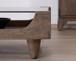 Table basse carrée design vintage en manguier avec plateau verre 