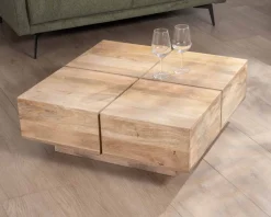 Table basse carrée style contemporain en bois massif naturel "Pablo"