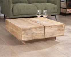Table basse carrée style contemporain en bois massif naturel 
