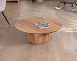 Table basse design en acacia massif ronde avec pied boule "Voluto"