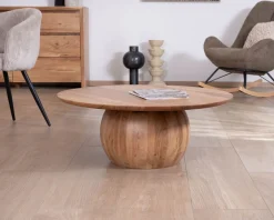 Table basse design en acacia massif ronde avec pied boule "Voluto"