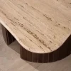 Table basse design en travertin et manguier "Archipel" avec pieds en demi-sphères