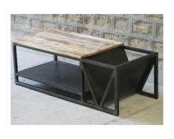 Table basse design industriel en métal et bois massif "Caractère"
