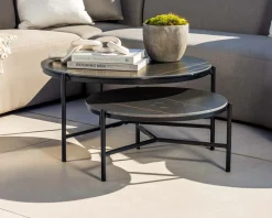 Table basse design noire plateau céramique et structure 3 pieds 