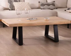 Table basse design plateau naturel pieds trapèzes en métal « Caractère »