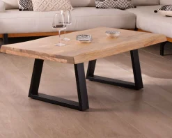 Table basse design plateau naturel pieds trapèzes en métal « Caractère »