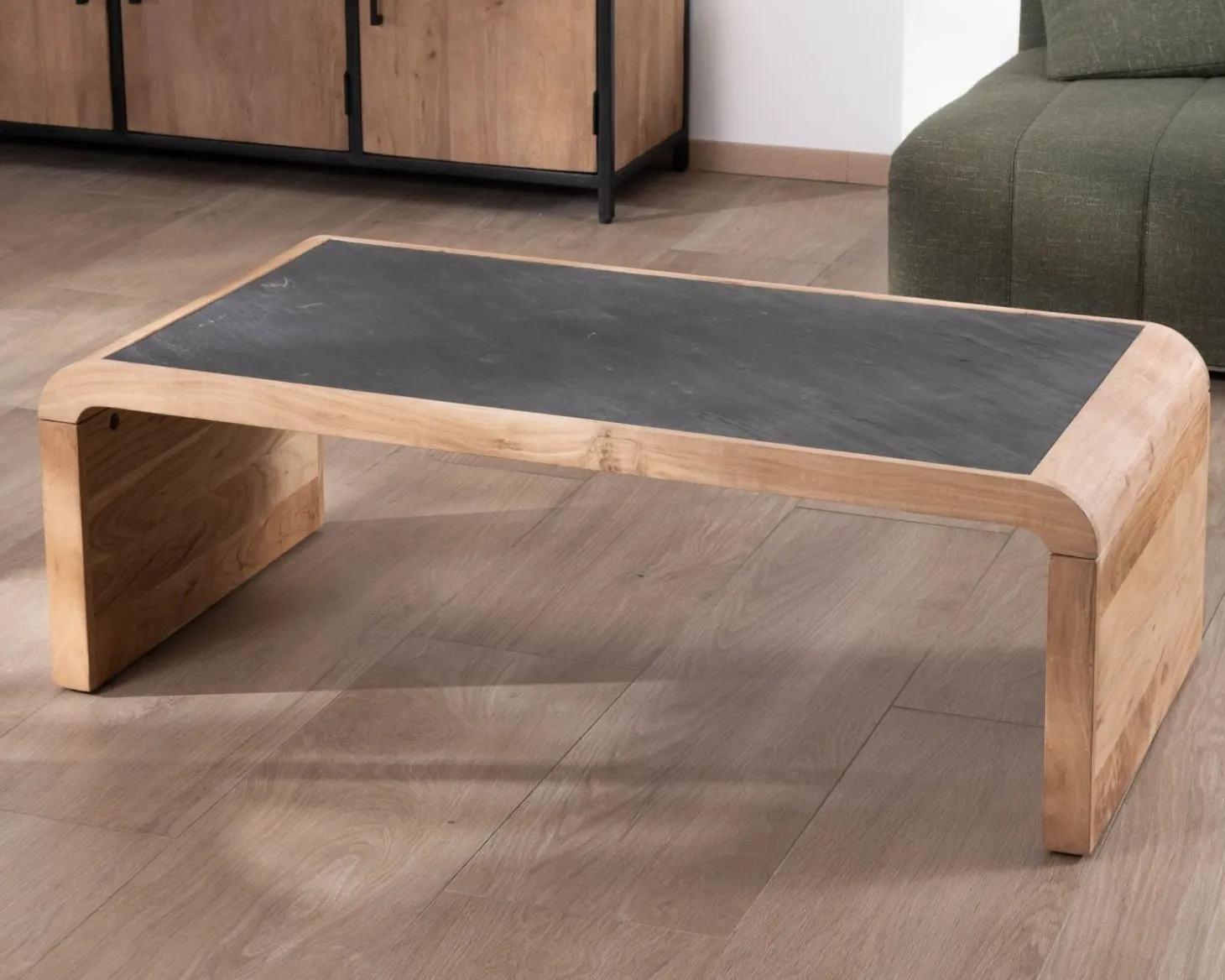 Table basse design retro avec plateau placage pierre "Pikto"