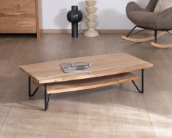 Table basse double plateau forme bateau en acacia massif "Zen Black"