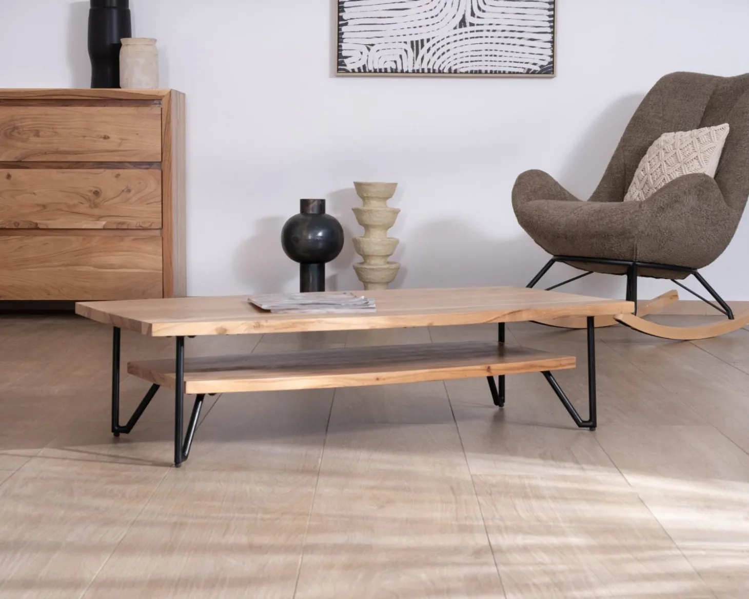 Table basse double plateau forme bateau en acacia massif "Zen Black"