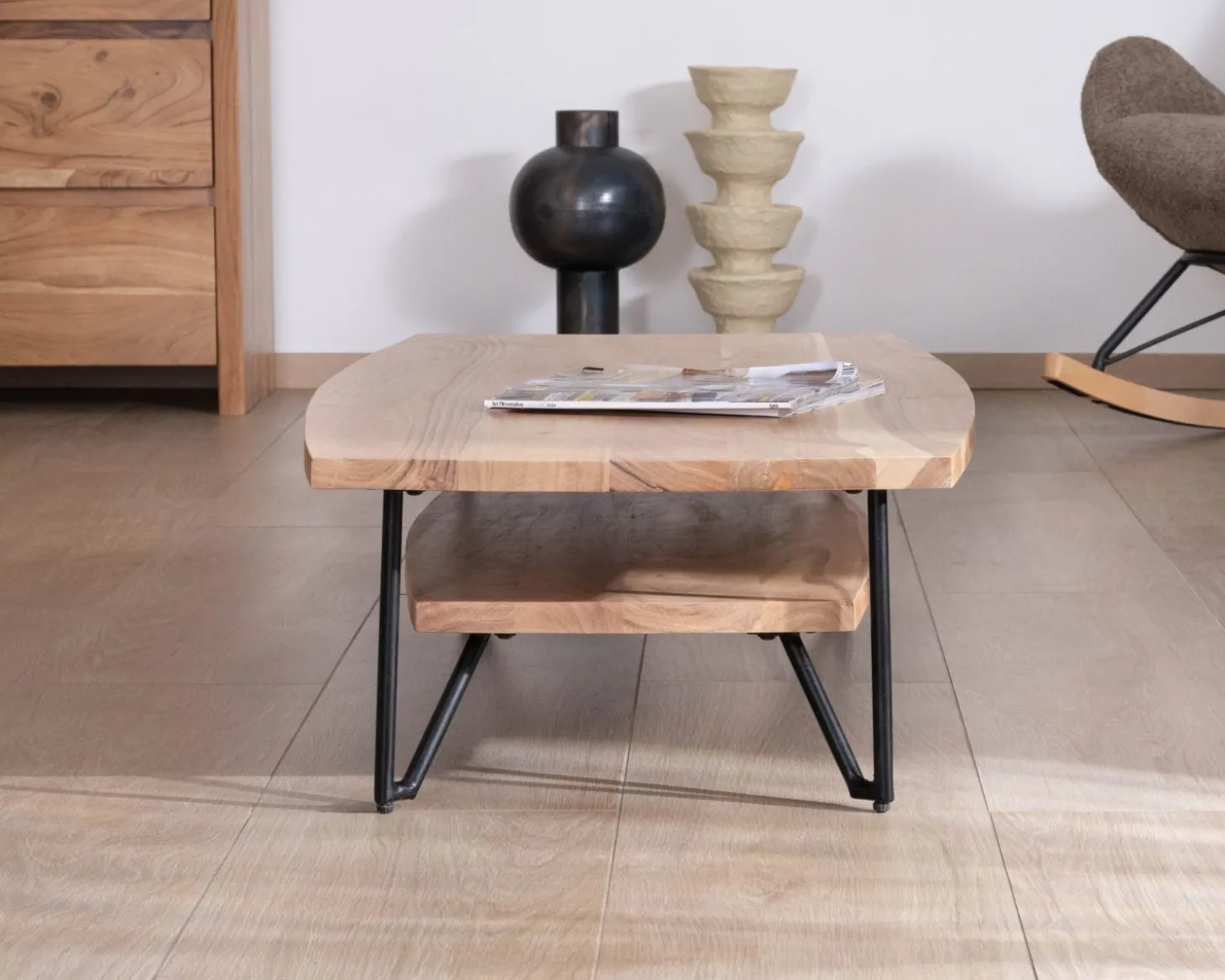 Table basse double plateau forme bateau en acacia massif "Zen Black"