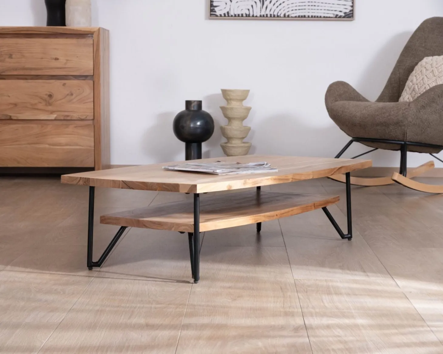 Table basse double plateau forme bateau en acacia massif "Zen Black"